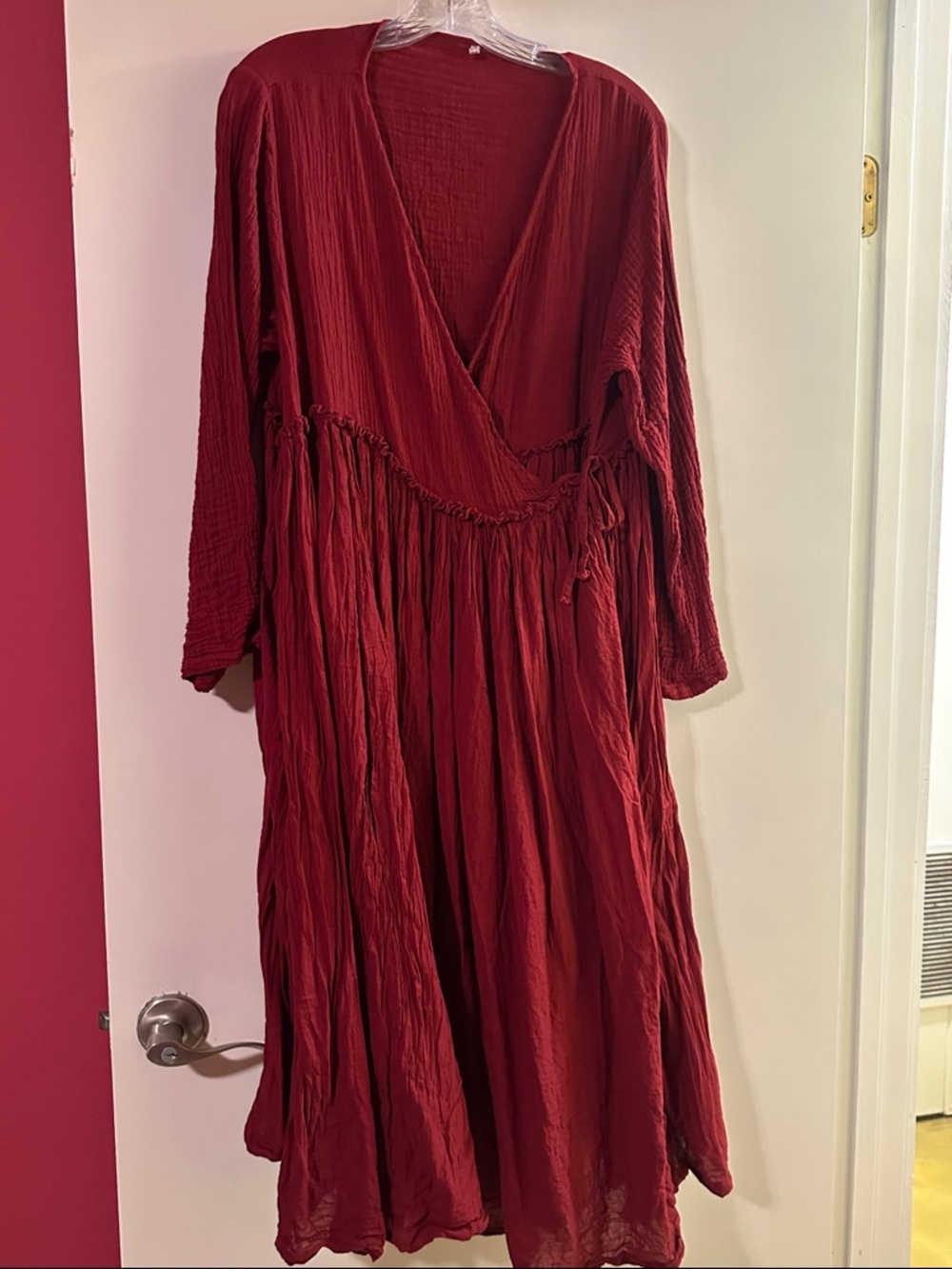 Women's Deep Red Wrap-Style Long Dress
